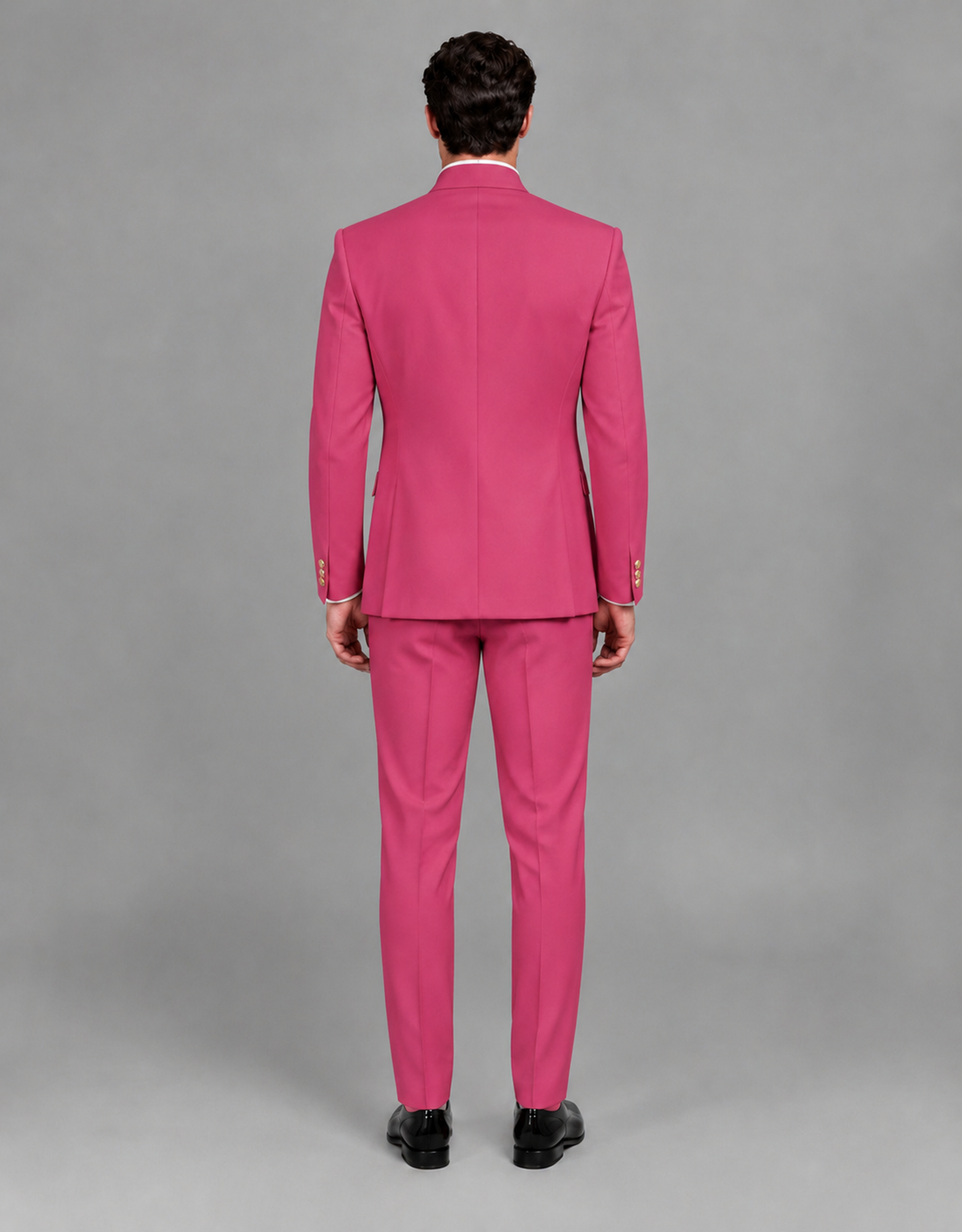 BOLODOO Men's Hot Pink Asymmetrical Mandarin Collar Tuxedo Suit – Modern 2-Piece Gold Button Wedding, Prom & Gala Set - Hot Pink - Hot Pink_03