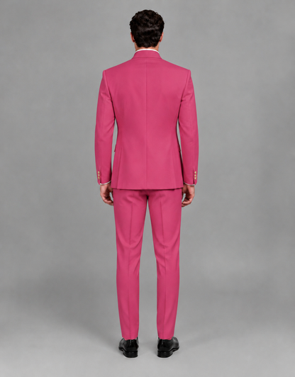 BOLODOO Men's Hot Pink Asymmetrical Mandarin Collar Tuxedo Suit – Modern 2-Piece Gold Button Wedding, Prom & Gala Set - Hot Pink - Hot Pink_03