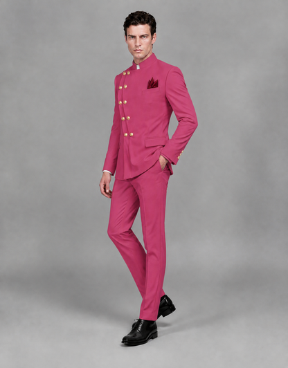 BOLODOO Men's Hot Pink Asymmetrical Mandarin Collar Tuxedo Suit – Modern 2-Piece Gold Button Wedding, Prom & Gala Set - Hot Pink - Hot Pink_04