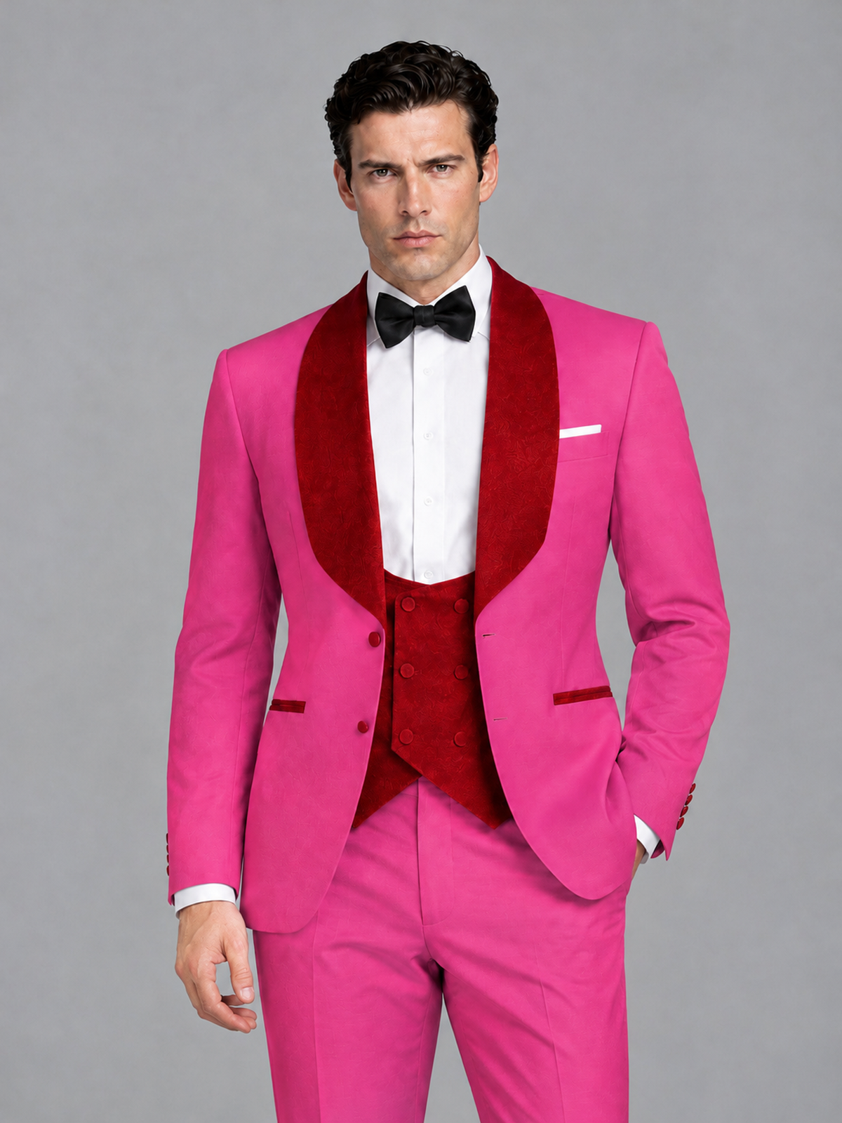 Savile Men's Hot Pink 3-Piece Tuxedo Suit Set – Contrast Red Shawl Lapel Blazer, Red Waistcoat & Trousers - SUC020 - Hot_Pink