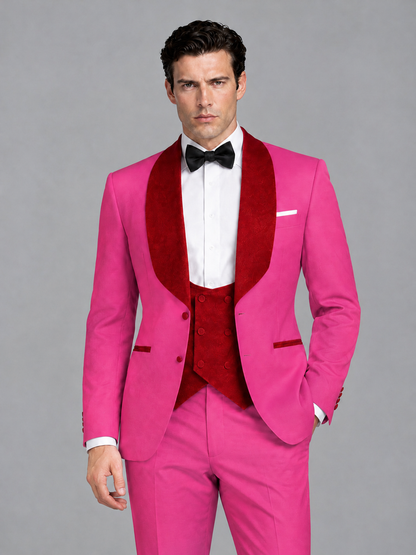 Savile Men's Hot Pink 3-Piece Tuxedo Suit Set – Contrast Red Shawl Lapel Blazer, Red Waistcoat & Trousers - SUC020 - Hot_Pink