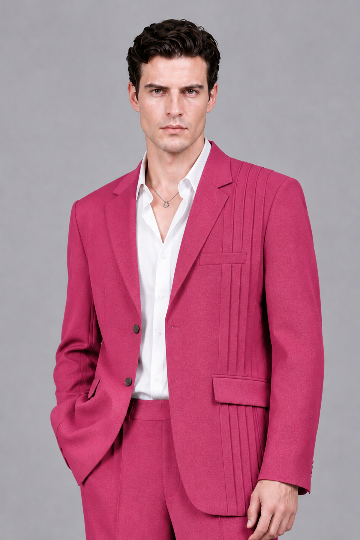 Savile Men's Hot Pink Pleated 2-Piece Suit Set | Notch Lapel Blazer & Tailored Trousers - Hot Pink - Hot Pink_1