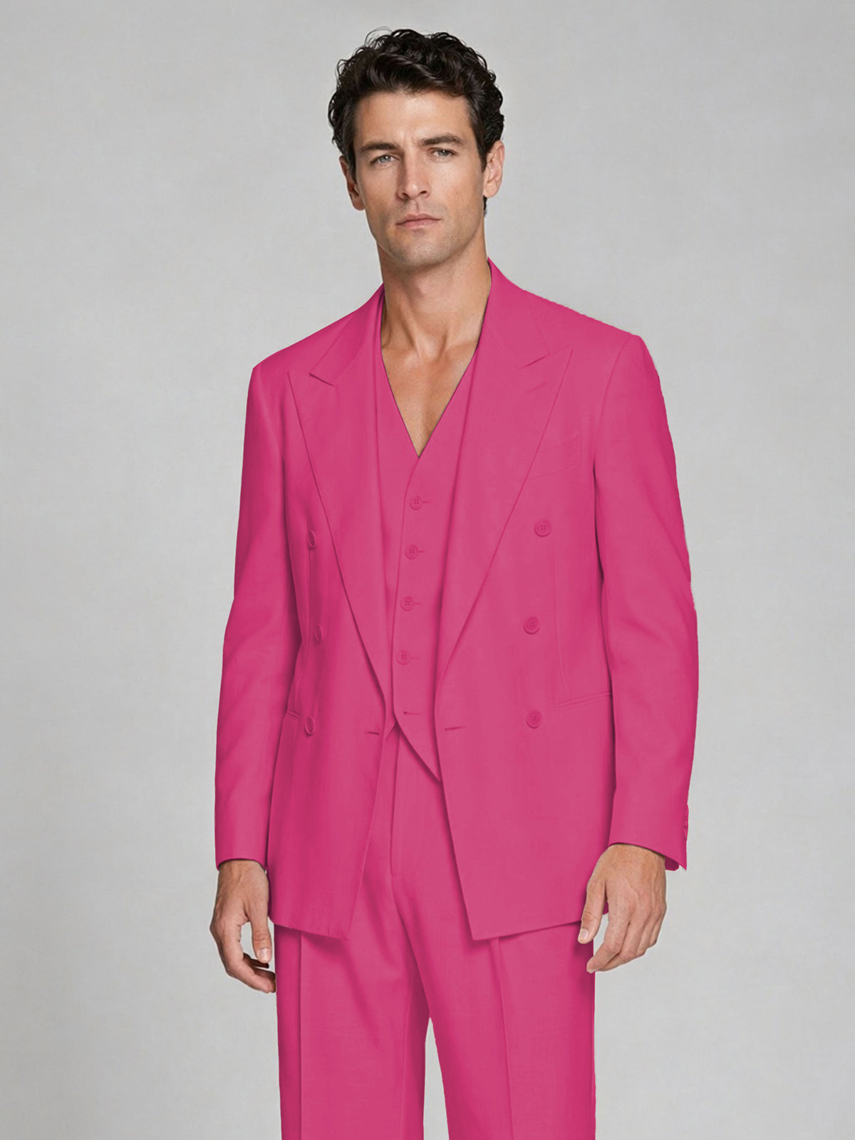 Men's Hot Pink Double-Breasted 2-Piece Suit – Peak Lapel Wedding & Beach Formal Set with Vest - Hot Pink