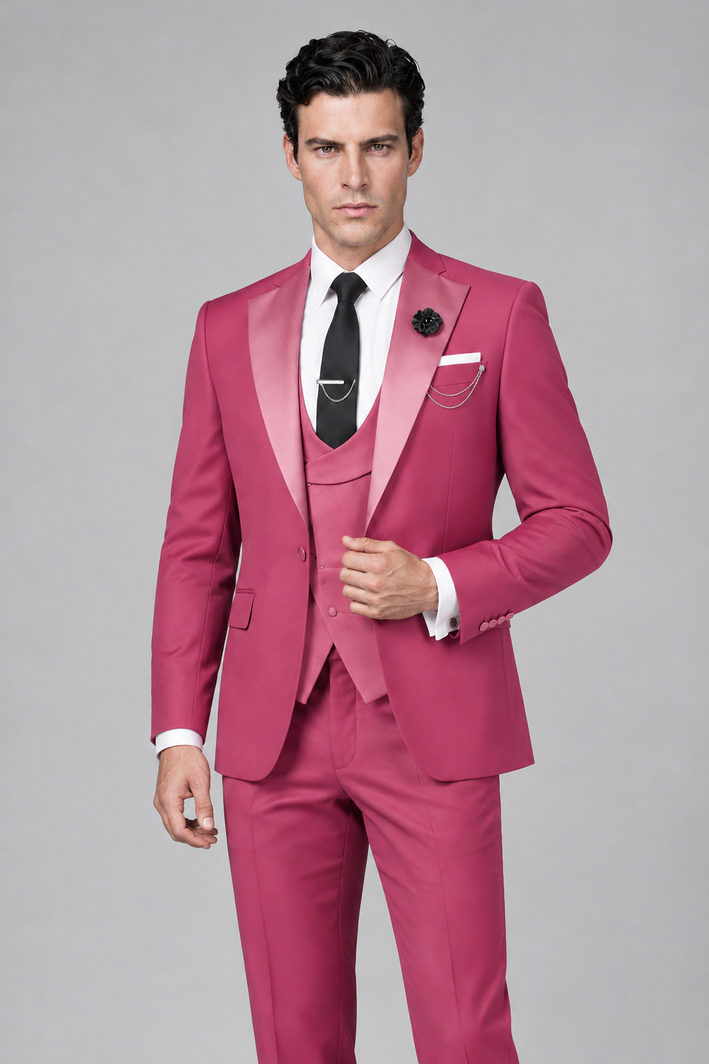 Savile Men's Hot Pink 3-Piece Tuxedo Suit – Contrast Silver Peak Lapel & Grey Vest Formal Set - Hot Pink - Hot Pink_1