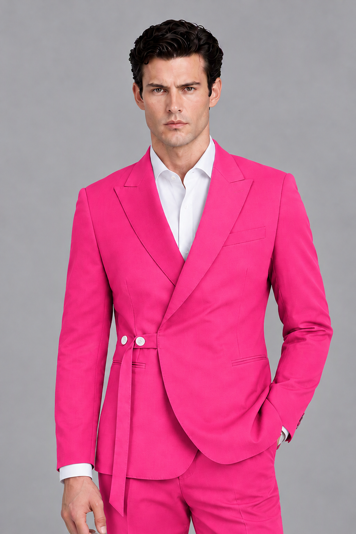 Savile Men's Modern Hot Pink 2-Piece Wrap Suit Set – Peak Lapel Side-Button Blazer & Tailored Trousers - Hot Pink - Hot_Pink_1