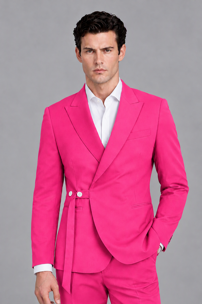 Savile Men's Modern Hot Pink 2-Piece Wrap Suit Set – Peak Lapel Side-Button Blazer & Tailored Trousers - Hot Pink - Hot_Pink_1