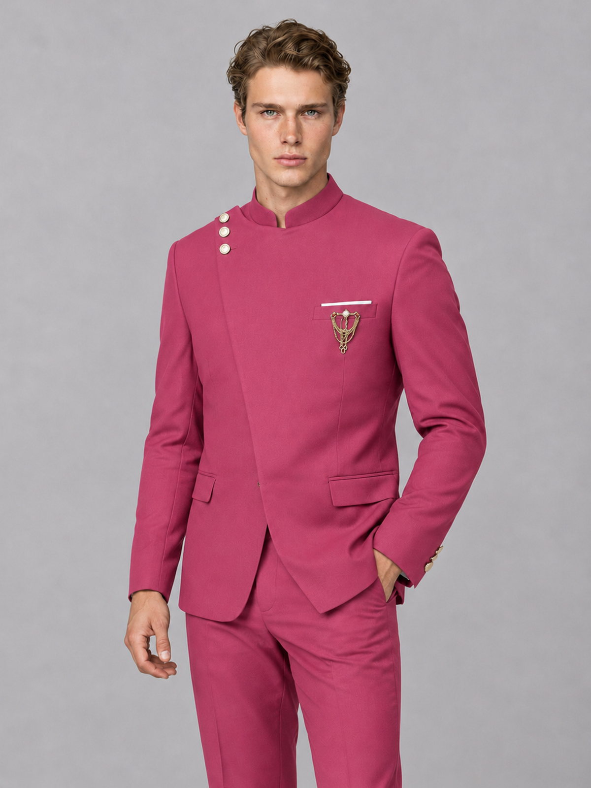 Savile Men's Hot Pink Mandarin Collar Asymmetrical 2-Piece Suit Set – Modern Jacket & Trousers - Hot Pink - Hot Pink_1