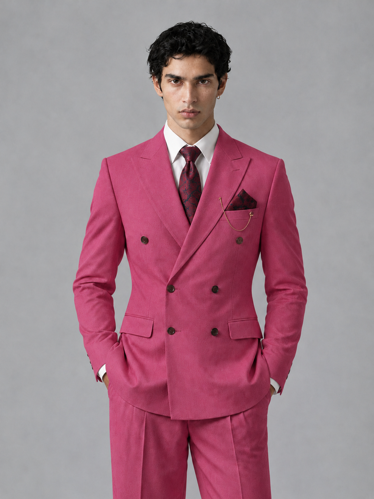 Savile Men's Hot Pink Double-Breasted 2-Piece Suit Set – Peak Lapel Blazer & Pleated Wide-Leg Trousers - Hot Pink - Hot Pink_1