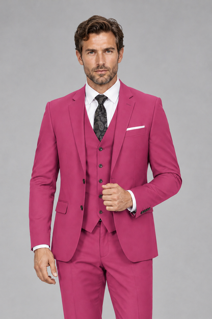 Savile Men's Hot Pink 3-Piece Suit Set – Notch Lapel Blazer, Vest & Trousers - Hot Pink - Hot_Pink_1