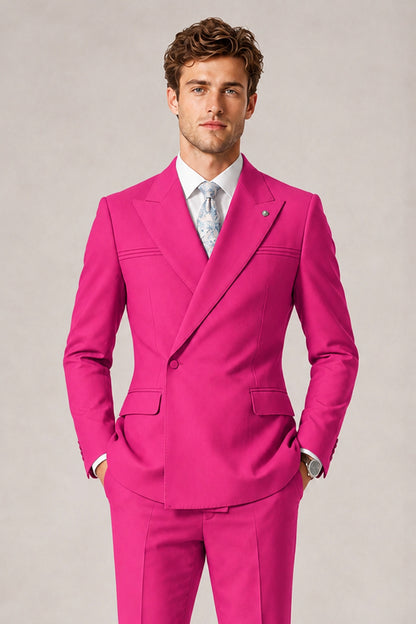 Savile Men's Hot Pink Double-Breasted Slim Fit 2-Piece Suit Set – Peak Lapel Blazer & Cuffed Trousers | Wedding Prom Formal - Hot Pink