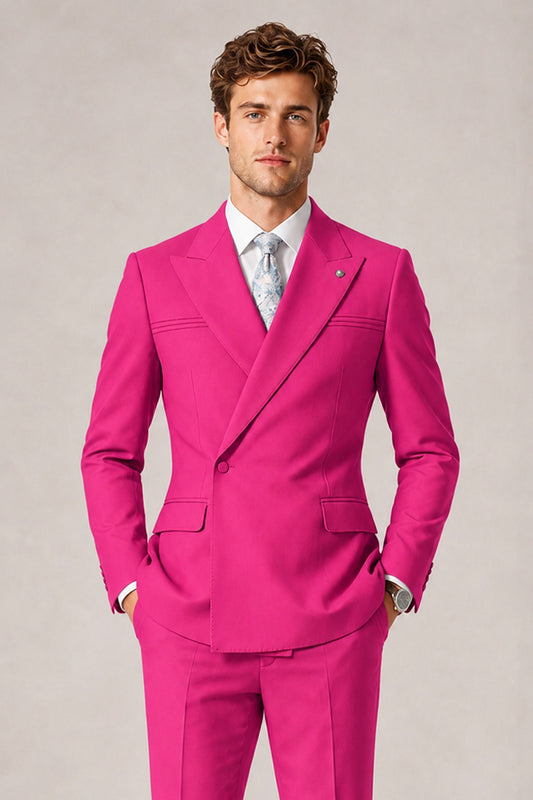 Savile Men's Hot Pink Double-Breasted Slim Fit 2-Piece Suit Set – Peak Lapel Blazer & Cuffed Trousers | Wedding Prom Formal - Hot Pink