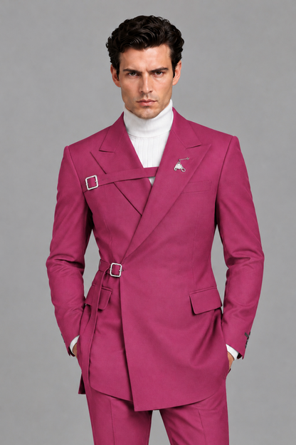 Savile Men's Hot Pink Double Buckle Wrap Belted 2-Piece Suit Set – Peak Lapel Slim-Fit Jacket & Trousers - Hot Pink - Hot Pink_1