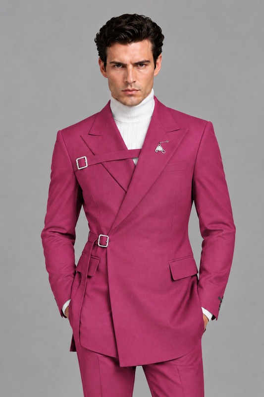 Savile Men's Hot Pink Double Buckle Wrap Belted 2-Piece Suit Set – Peak Lapel Slim-Fit Jacket & Trousers - Hot Pink - Hot Pink_1