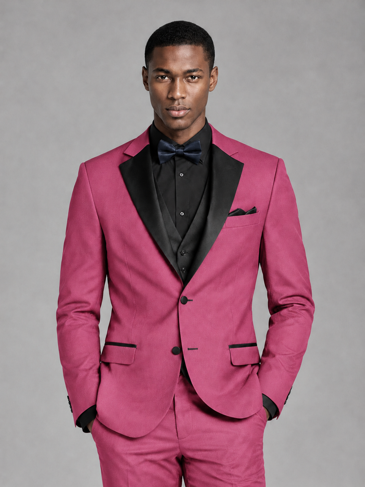 Savile Men's Hot Pink Contrast Shawl Lapel Tuxedo Suit – 3-Piece Wedding, Prom & Black-Tie Formal Set - Hot Pink - Hot Pink_1