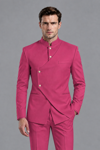 Savile Men's Hot Pink Asymmetrical Mandarin Collar Tuxedo Suit – Modern 2-Piece Gold Button Wedding, Prom & Gala Set - Hot Pink - Hot Pink_1