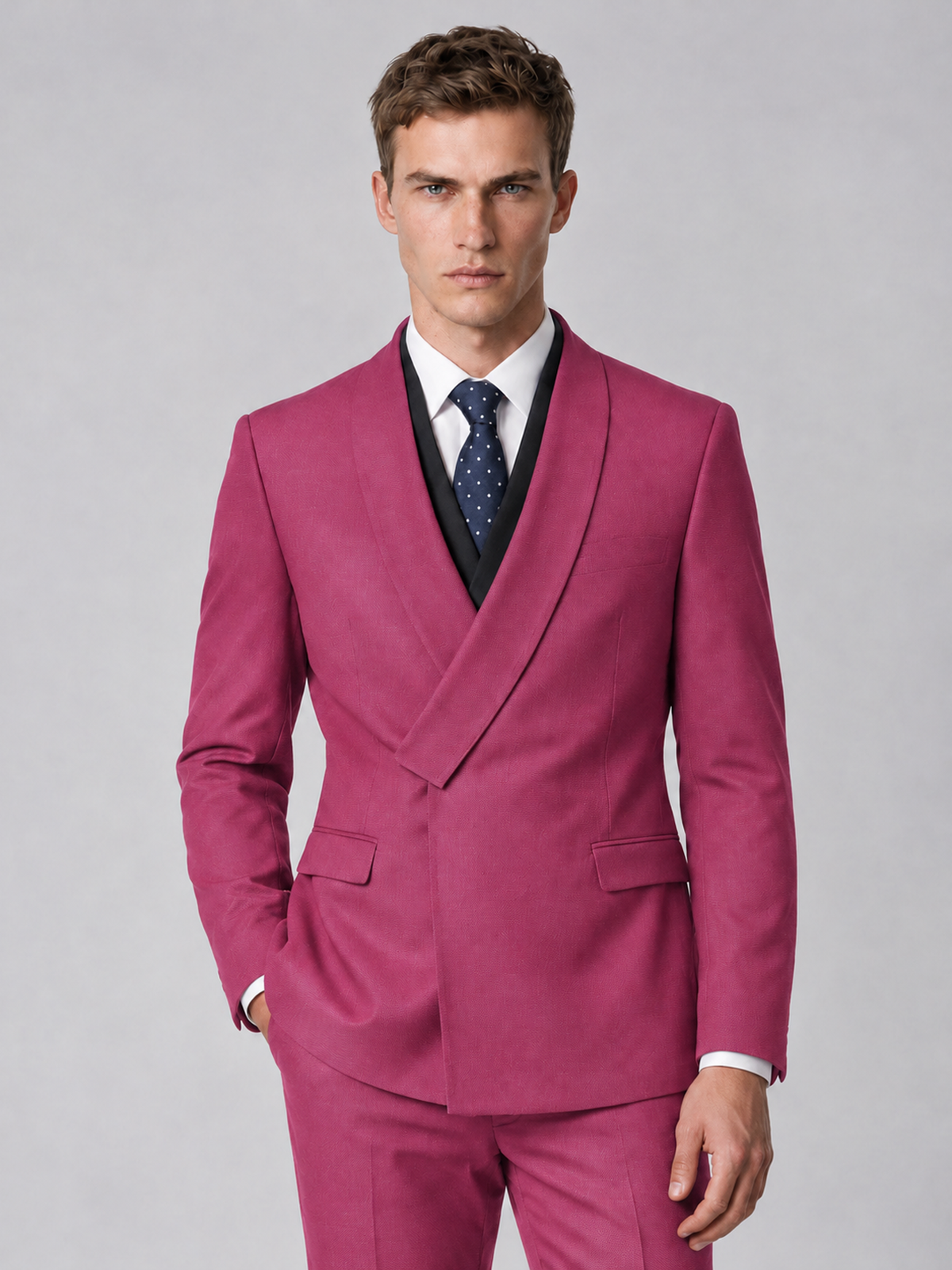Savile Men's Hot Pink Wrap Shawl Lapel 2-Piece Suit Set – Modern Jacket & Trousers - Hot Pink - Hot Pink_1