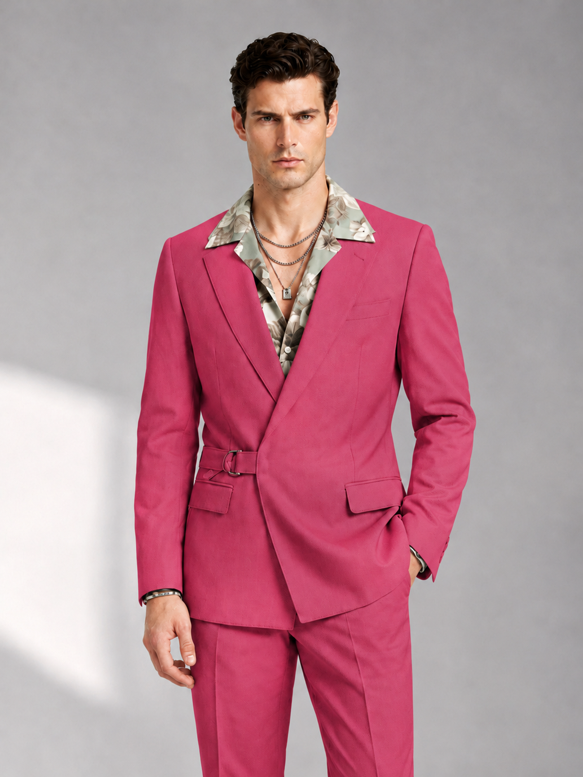 Savile Men's Hot Pink Belted Wrap 2-Piece Suit – Peak Lapel Blazer & Tailored Trousers - SUC060 - Hot Pink - Hot Pink_1