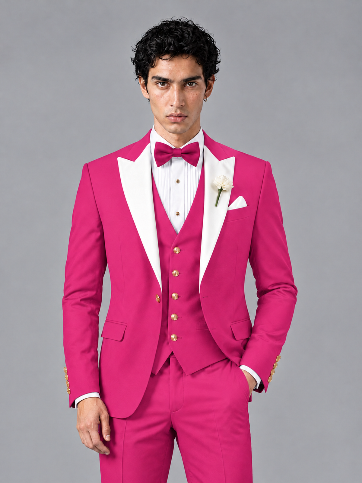 Savile Men's Hot Pink Contrast White Peak Lapel 3-Piece Tuxedo Suit - Hot_Pink