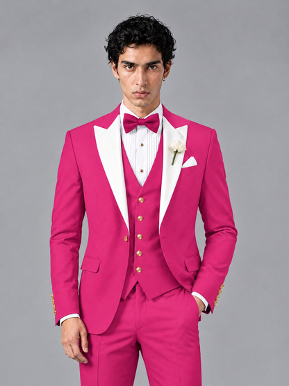 Savile Men's Hot Pink Contrast White Peak Lapel 3-Piece Tuxedo Suit - Hot_Pink