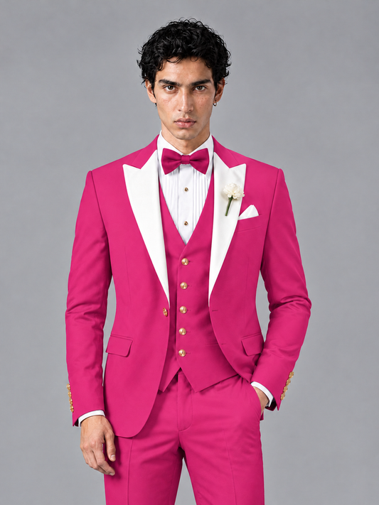 Savile Men's Hot Pink Contrast White Peak Lapel 3-Piece Tuxedo Suit - Hot_Pink