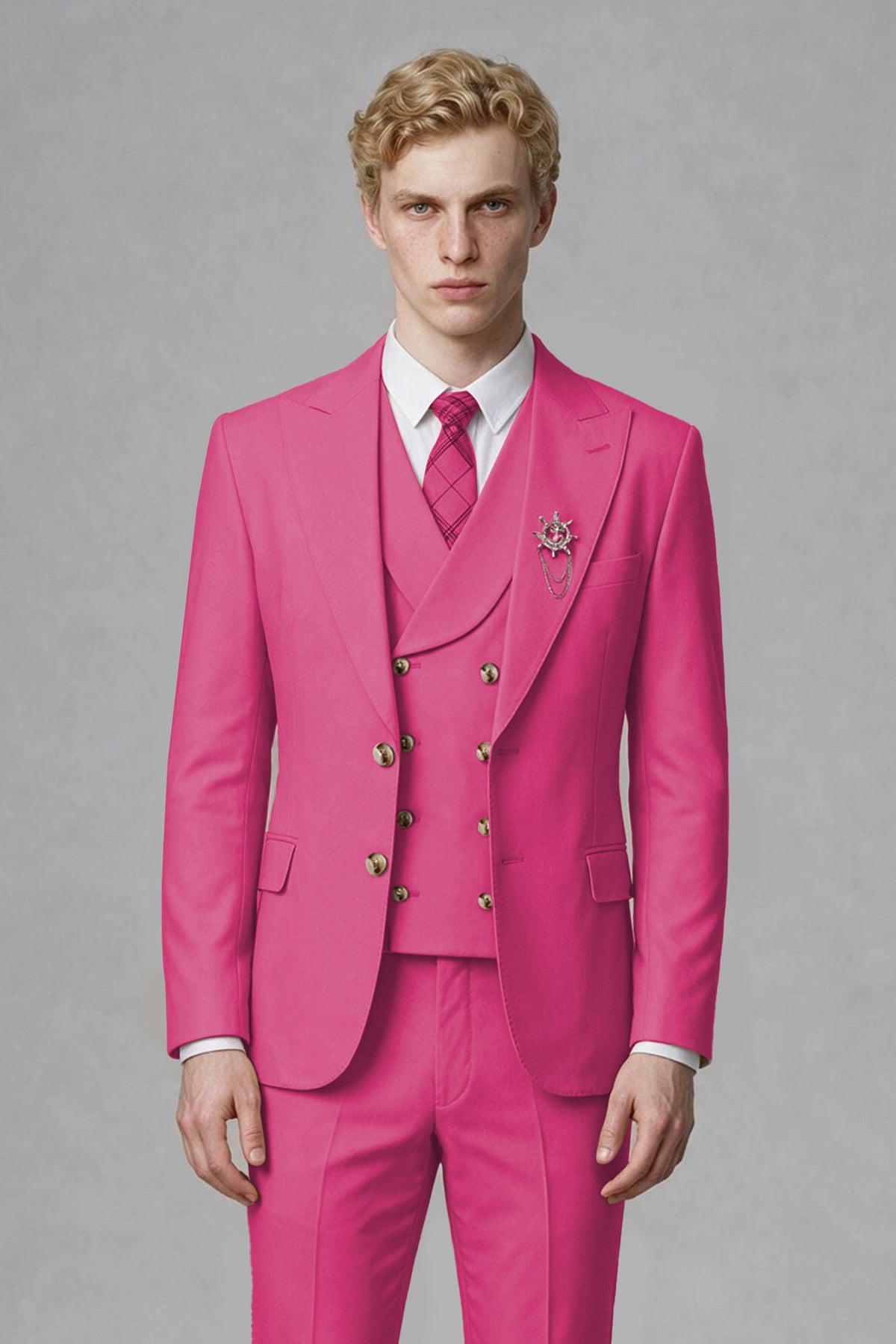 Savile Men's Hot Pink Three-Piece Wedding Suit with Double-Breasted Waistcoat - Hot Pink
