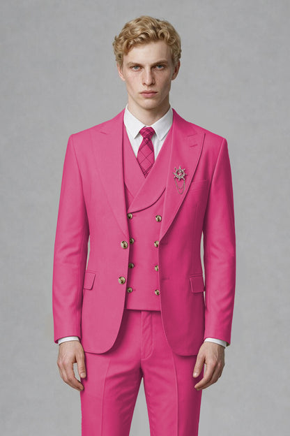 Savile Men's Hot Pink Three-Piece Wedding Suit with Double-Breasted Waistcoat - Hot Pink