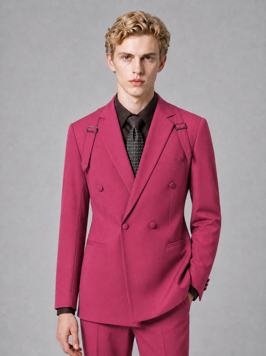 Men's Light Hot Pink Double-Breasted Slim Fit 2-Piece Suit – Peak Lapel Wedding & Business Formal Set - Hot Pink - Hot_Pink_1