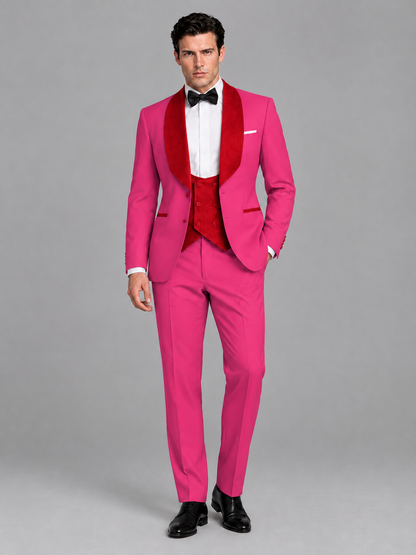 Savile Men's Hot Pink 3-Piece Tuxedo Suit Set – Contrast Red Shawl Lapel Blazer, Red Waistcoat & Trousers - SUC020 - Hot_Pink