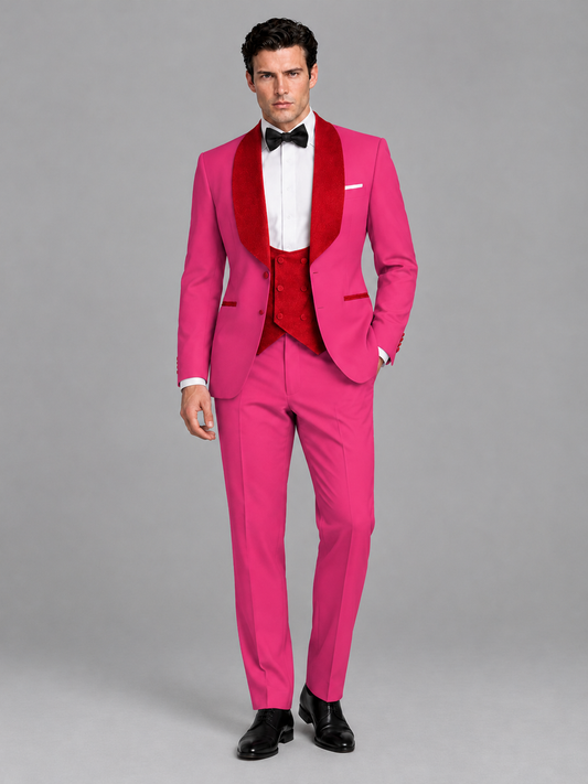 Savile Men's Hot Pink 3-Piece Tuxedo Suit Set – Contrast Red Shawl Lapel Blazer, Red Waistcoat & Trousers - SUC020 - Hot_Pink