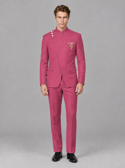 Savile Men's Hot Pink Mandarin Collar Asymmetrical 2-Piece Suit Set – Modern Jacket & Trousers - Hot Pink - Hot Pink_2