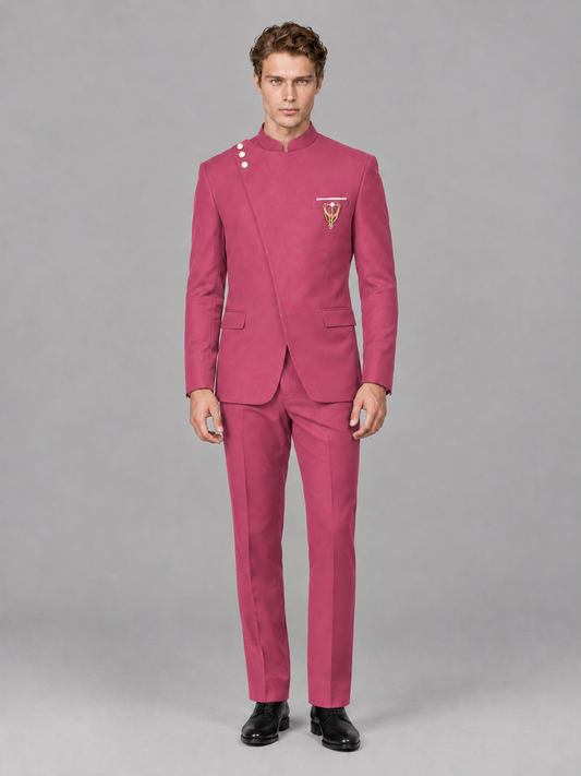 Savile Men's Hot Pink Mandarin Collar Asymmetrical 2-Piece Suit Set – Modern Jacket & Trousers - Hot Pink - Hot Pink_2
