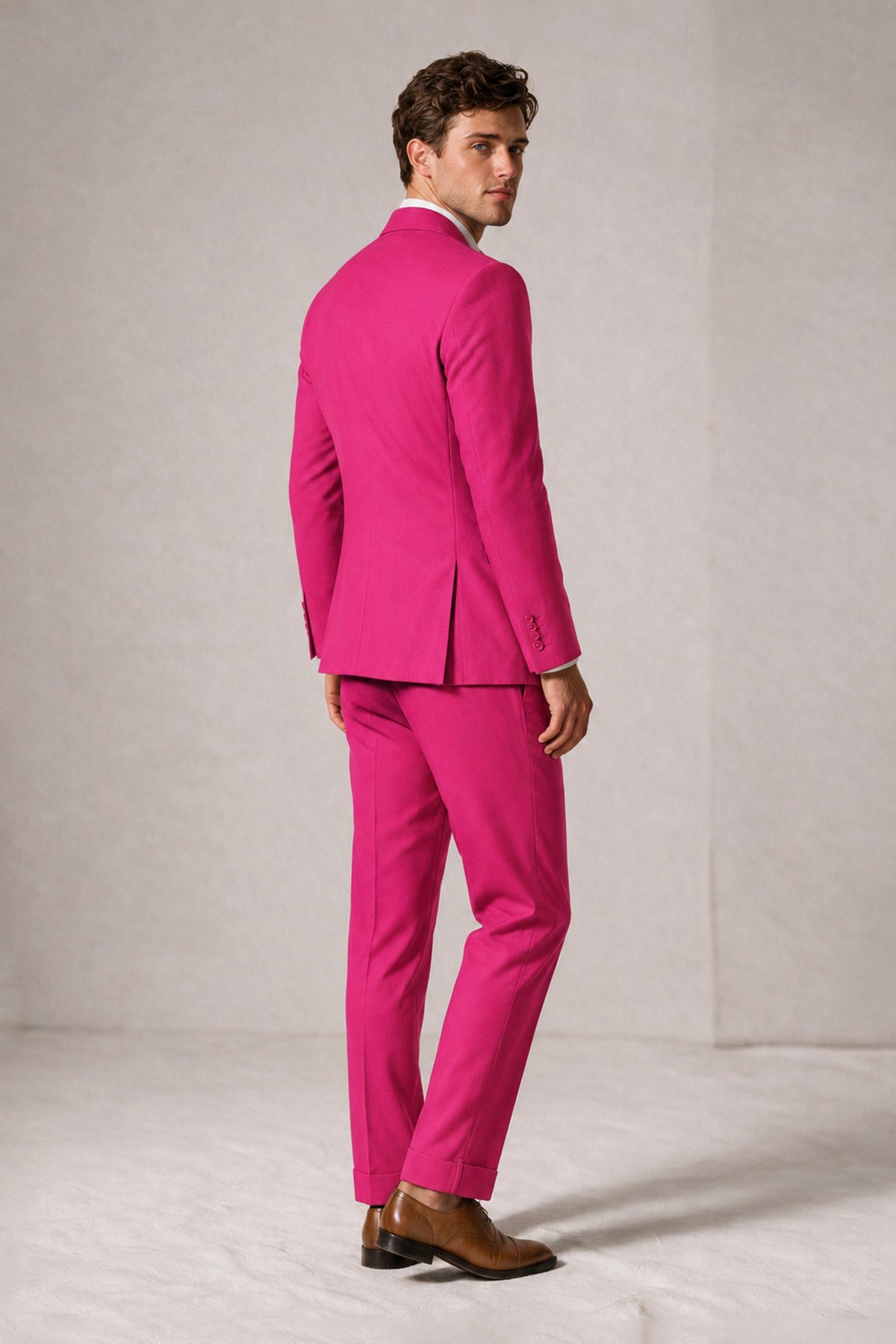 Savile Men's Hot Pink Double-Breasted Slim Fit 2-Piece Suit Set – Peak Lapel Blazer & Cuffed Trousers | Wedding Prom Formal - Hot Pink