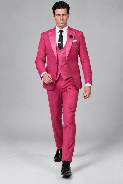 Savile Men's Hot Pink 3-Piece Tuxedo Suit – Contrast Silver Peak Lapel & Grey Vest Formal Set - Hot Pink - Hot Pink_2