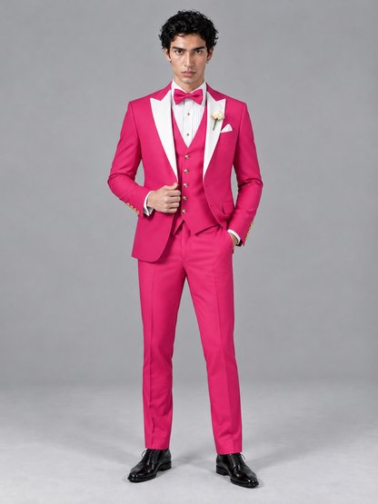 Savile Men's Hot Pink Contrast White Peak Lapel 3-Piece Tuxedo Suit - Hot_Pink