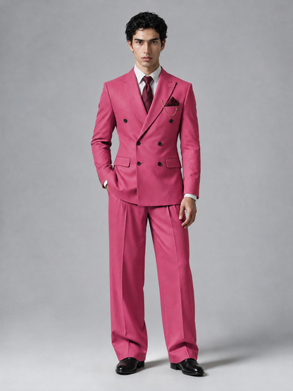 Savile Men's Hot Pink Double-Breasted 2-Piece Suit Set – Peak Lapel Blazer & Pleated Wide-Leg Trousers - Hot Pink - Hot Pink_2