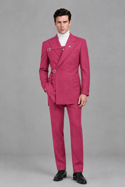 Savile Men's Hot Pink Double Buckle Wrap Belted 2-Piece Suit Set – Peak Lapel Slim-Fit Jacket & Trousers - Hot Pink - Hot Pink_2