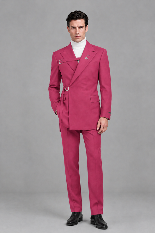 Savile Men's Hot Pink Double Buckle Wrap Belted 2-Piece Suit Set – Peak Lapel Slim-Fit Jacket & Trousers - Hot Pink - Hot Pink_2