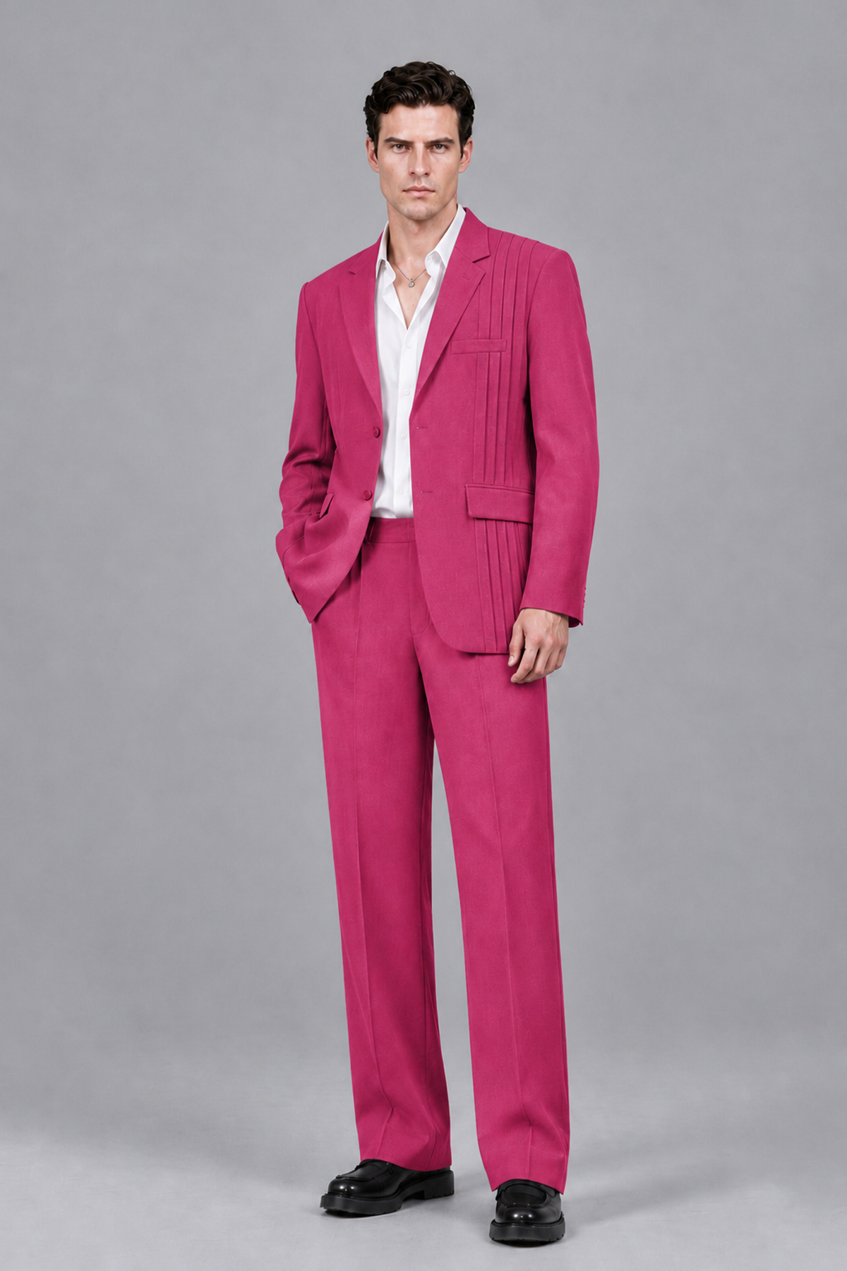 Savile Men's Hot Pink Pleated 2-Piece Suit Set | Notch Lapel Blazer & Tailored Trousers - Hot Pink - Hot Pink_2