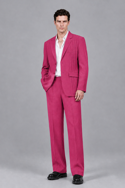 Savile Men's Hot Pink Pleated 2-Piece Suit Set | Notch Lapel Blazer & Tailored Trousers - Hot Pink - Hot Pink_2