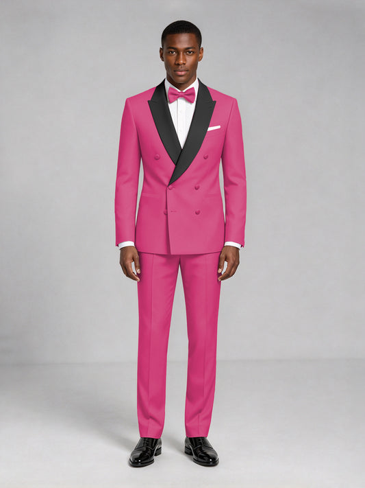 Men's Hot Pink Double-Breasted Tuxedo Suit – Satin Shawl Lapel Hot Pink-Tie Wedding & Gala 2-Piece Set - Hot Pink