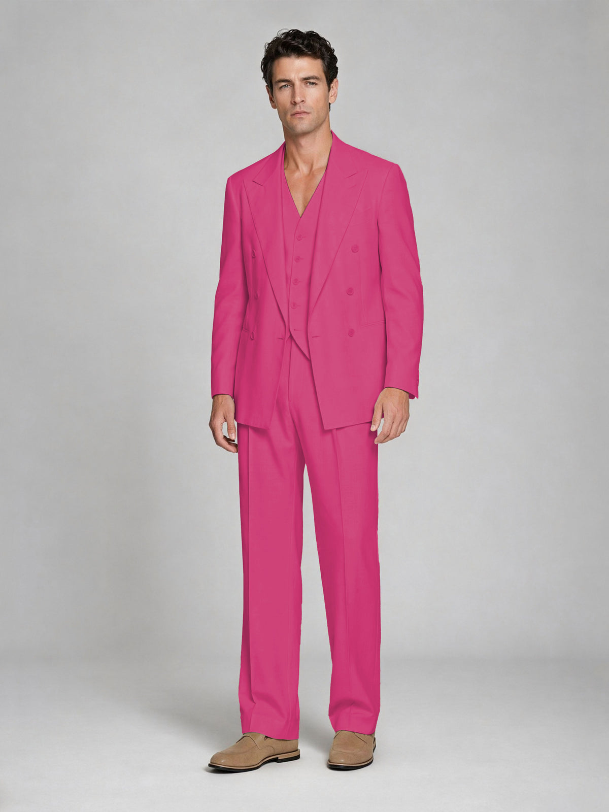 Men's Hot Pink Double-Breasted 2-Piece Suit – Peak Lapel Wedding & Beach Formal Set with Vest - Hot Pink