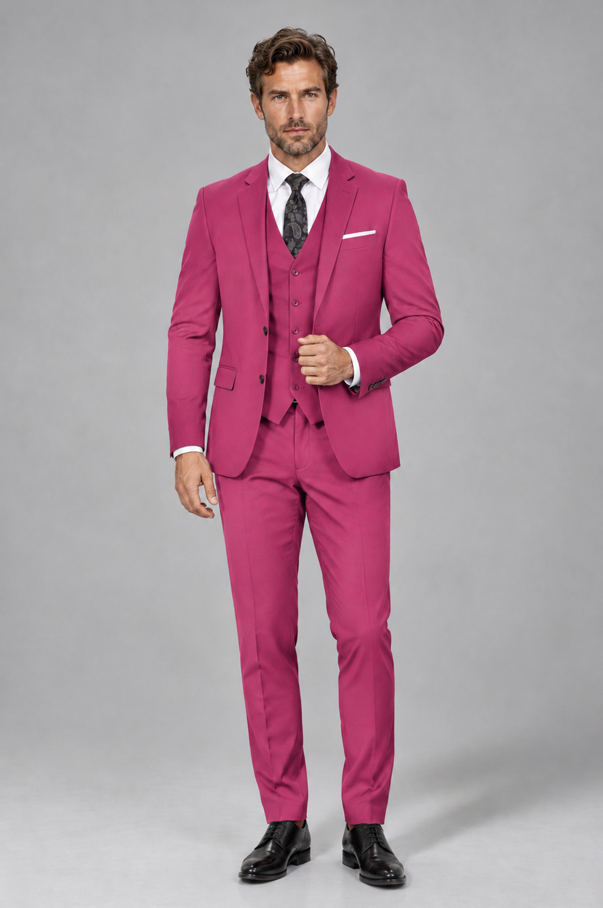 Savile Men's Hot Pink 3-Piece Suit Set – Notch Lapel Blazer, Vest & Trousers - Hot Pink - Hot_Pink_2