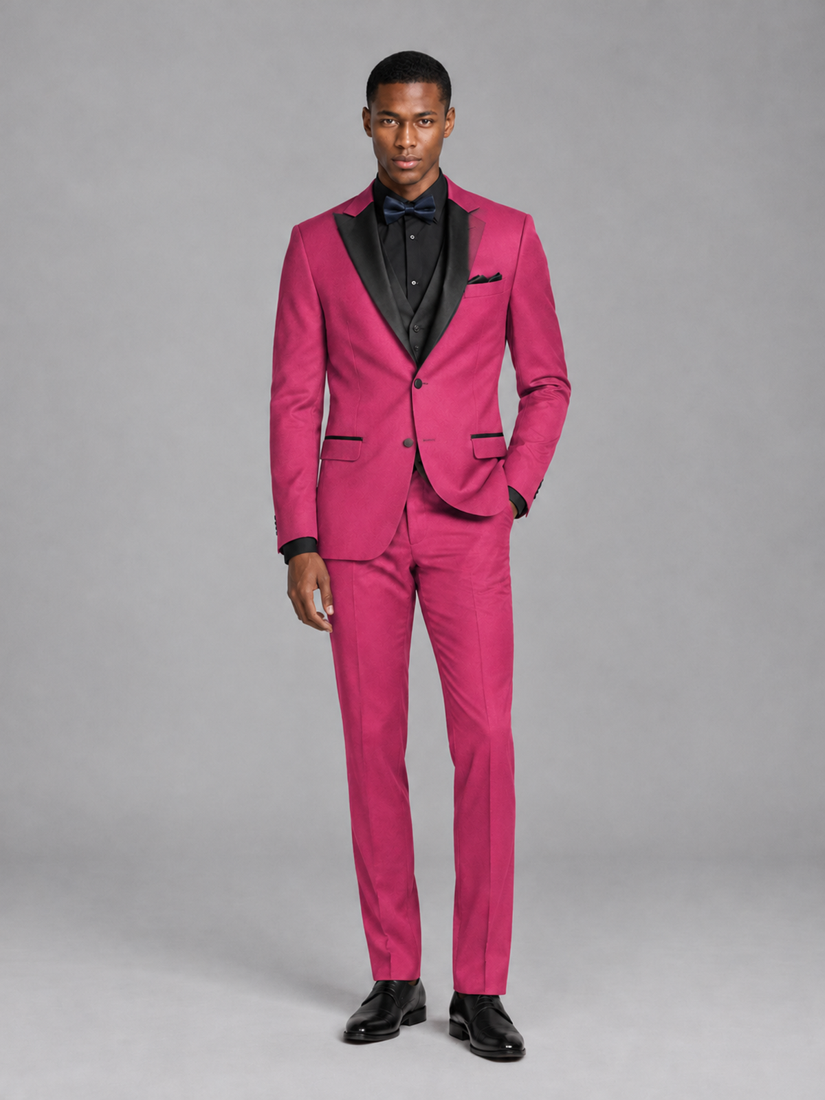 Savile Men's Hot Pink Contrast Shawl Lapel Tuxedo Suit – 3-Piece Wedding, Prom & Black-Tie Formal Set - Hot Pink - Hot Pink_2