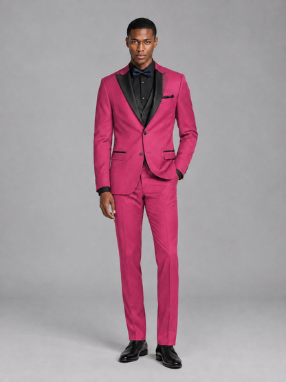 Savile Men's Hot Pink Contrast Shawl Lapel Tuxedo Suit – 3-Piece Wedding, Prom & Black-Tie Formal Set - Hot Pink - Hot Pink_2