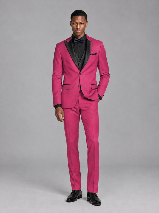 Savile Men's Hot Pink Contrast Shawl Lapel Tuxedo Suit – 3-Piece Wedding, Prom & Black-Tie Formal Set - Hot Pink - Hot Pink_2