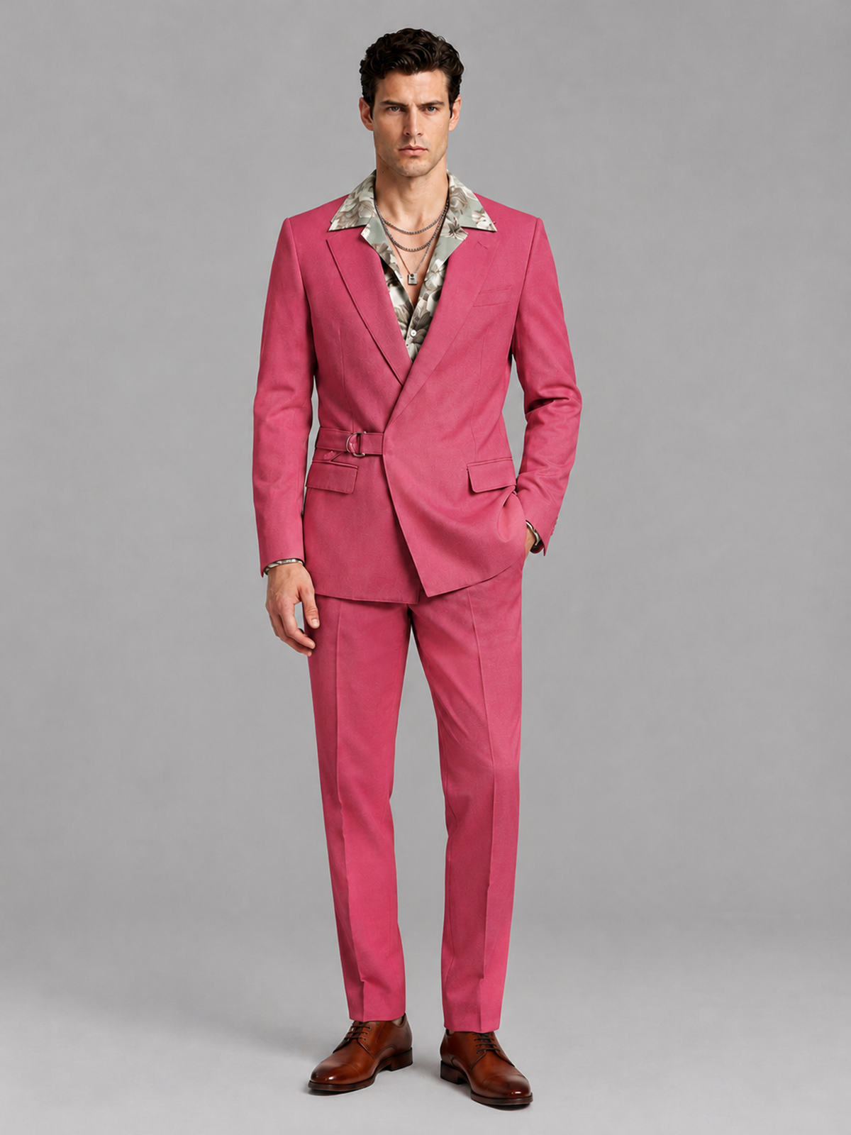 Savile Men's Hot Pink Belted Wrap 2-Piece Suit – Peak Lapel Blazer & Tailored Trousers - SUC060 - Hot Pink - Hot Pink_2