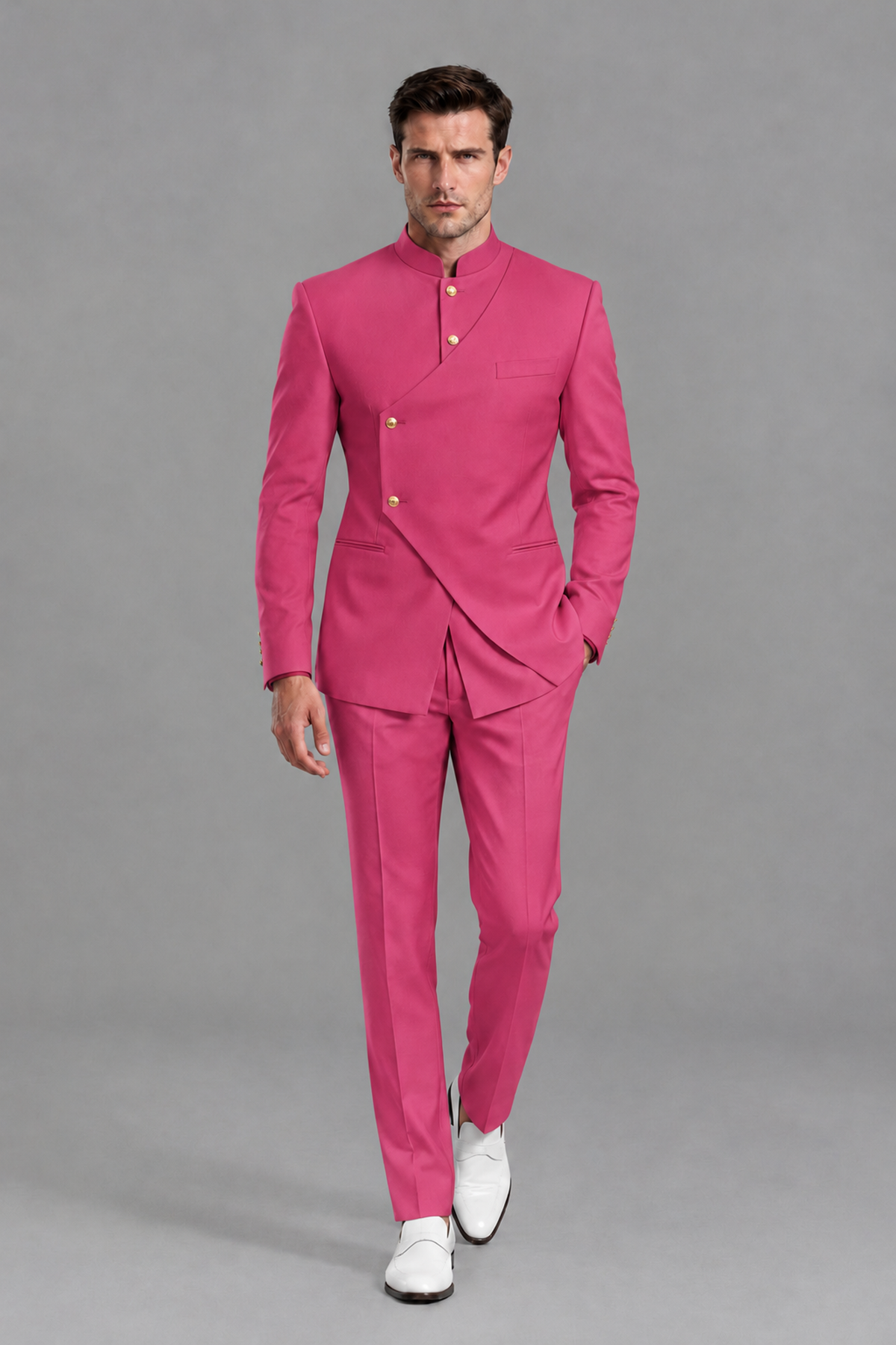 Savile Men's Hot Pink Asymmetrical Mandarin Collar Tuxedo Suit – Modern 2-Piece Gold Button Wedding, Prom & Gala Set - Hot Pink - Hot Pink_2