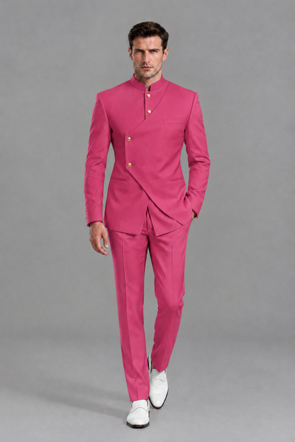 Savile Men's Hot Pink Asymmetrical Mandarin Collar Tuxedo Suit – Modern 2-Piece Gold Button Wedding, Prom & Gala Set - Hot Pink - Hot Pink_2