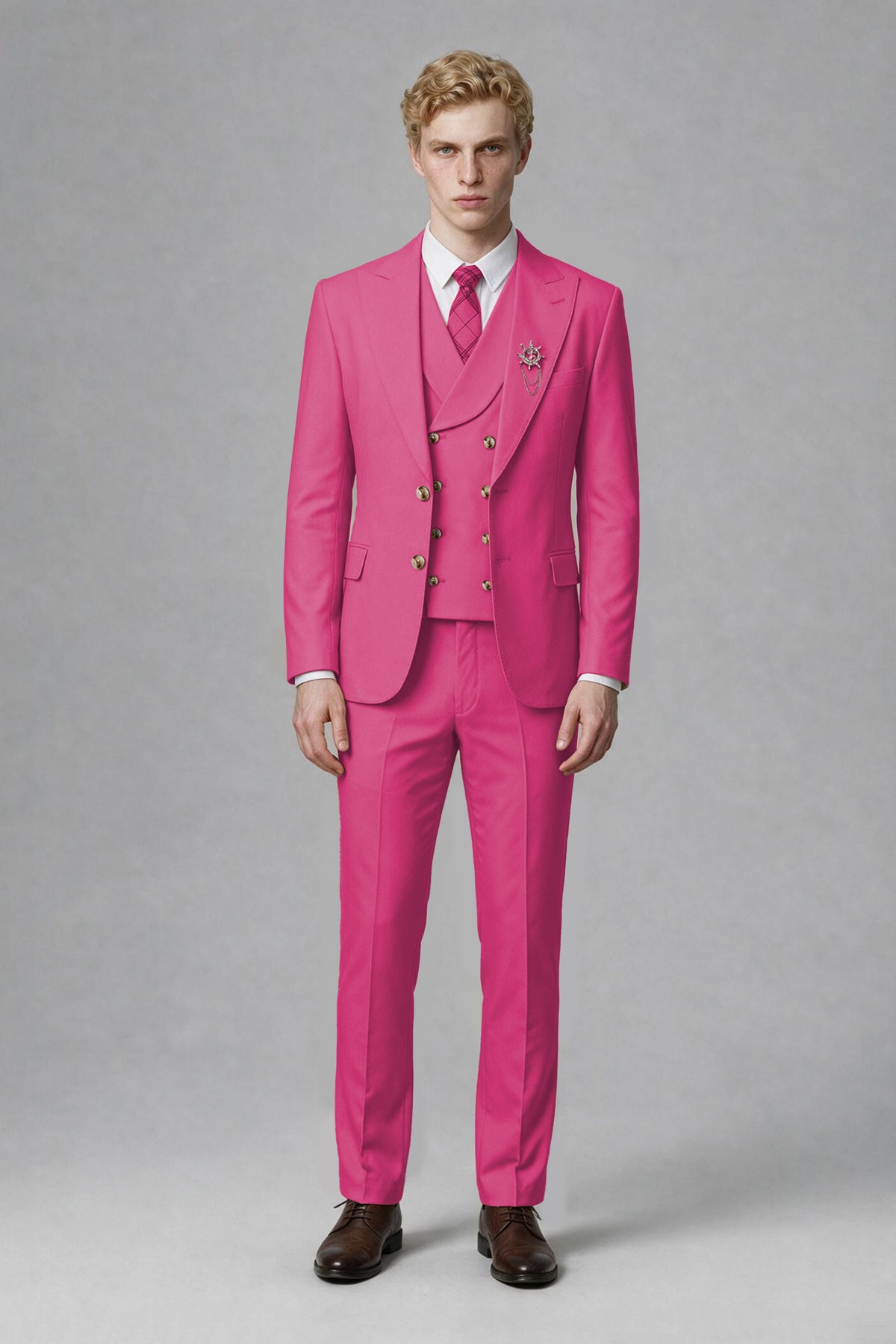 Savile Men's Hot Pink Three-Piece Wedding Suit with Double-Breasted Waistcoat - Hot Pink