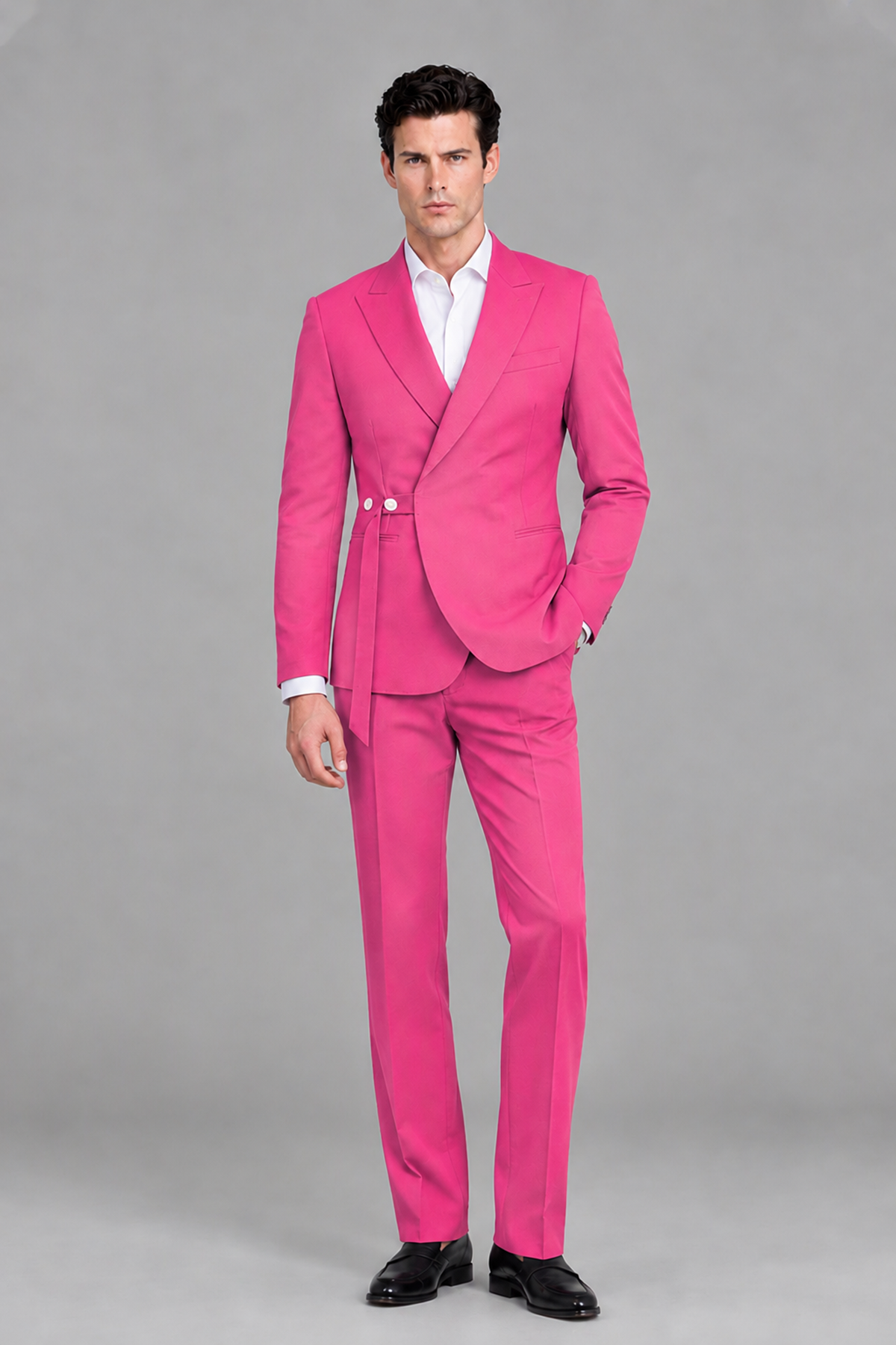 Savile Men's Modern Hot Pink 2-Piece Wrap Suit Set – Peak Lapel Side-Button Blazer & Tailored Trousers - Hot Pink - Hot_Pink_2